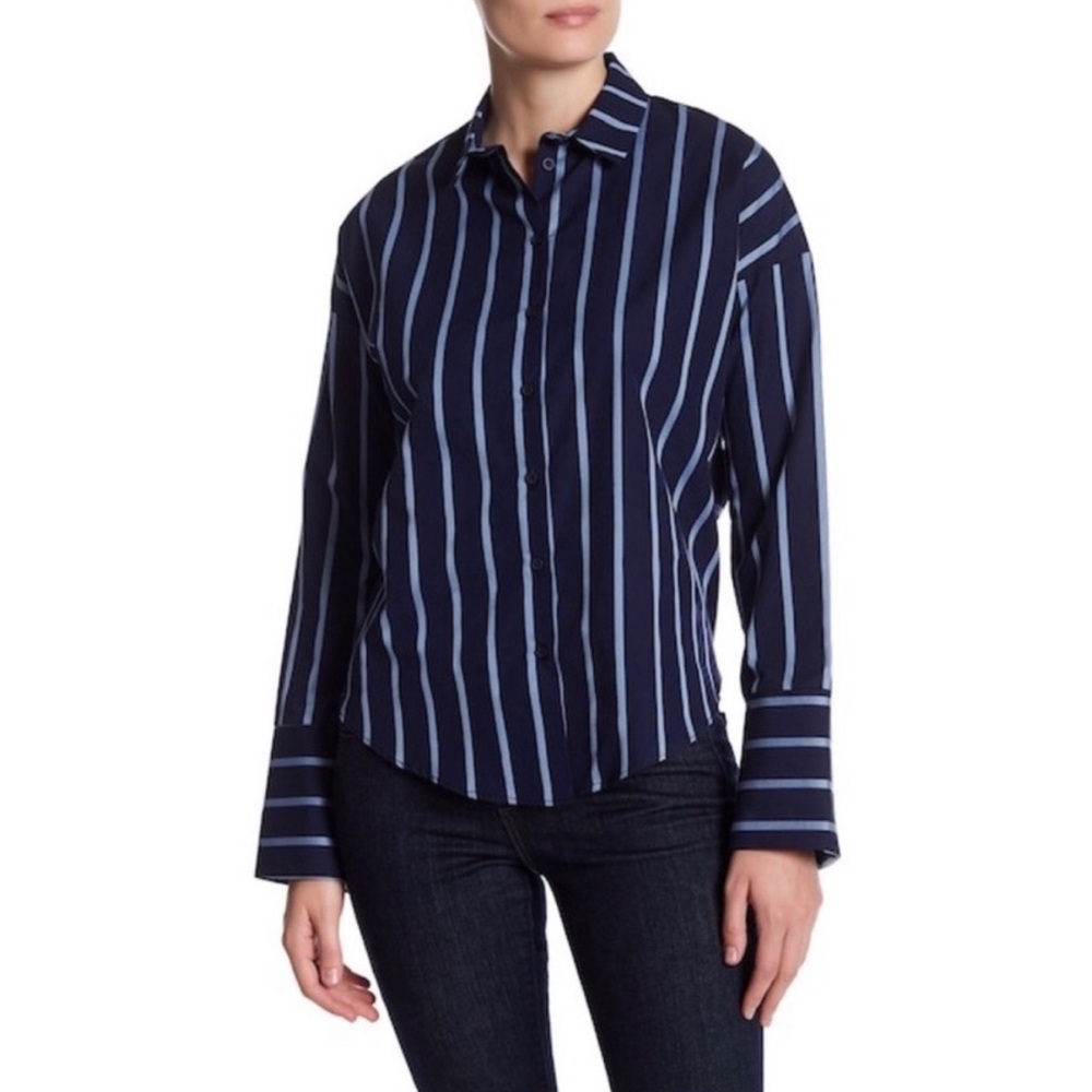 Topshop Navy Stripe Button Down with Open Tie Back | Size US 2 | NWT - Picture 3 of 5